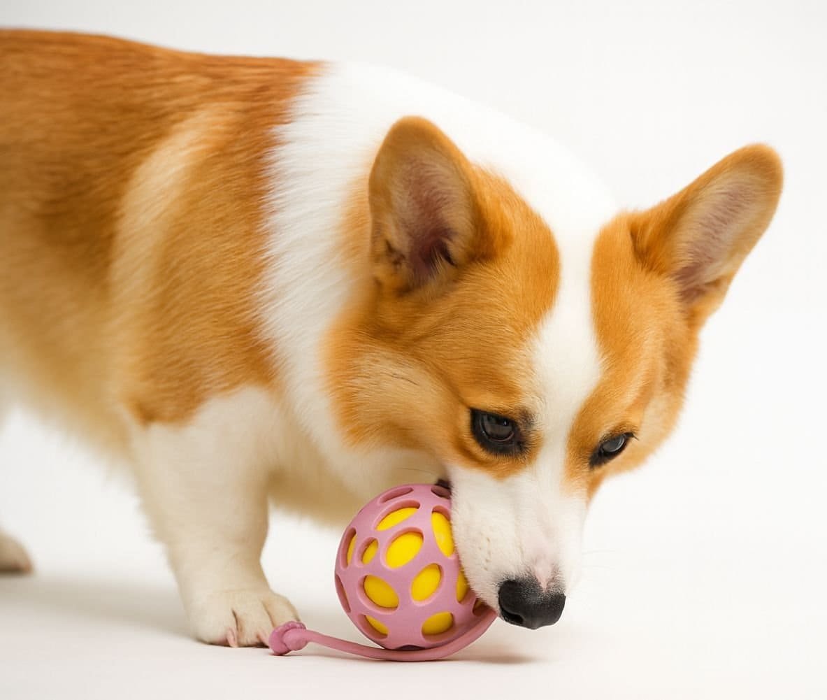 一隻柯基犬正在嗅聞並玩著毛毛嘴 BiteMao 馬卡龍夾心多層漏食球，粉色外層搭配黃色內球設計，適合狗狗嗅聞與取食訓練。