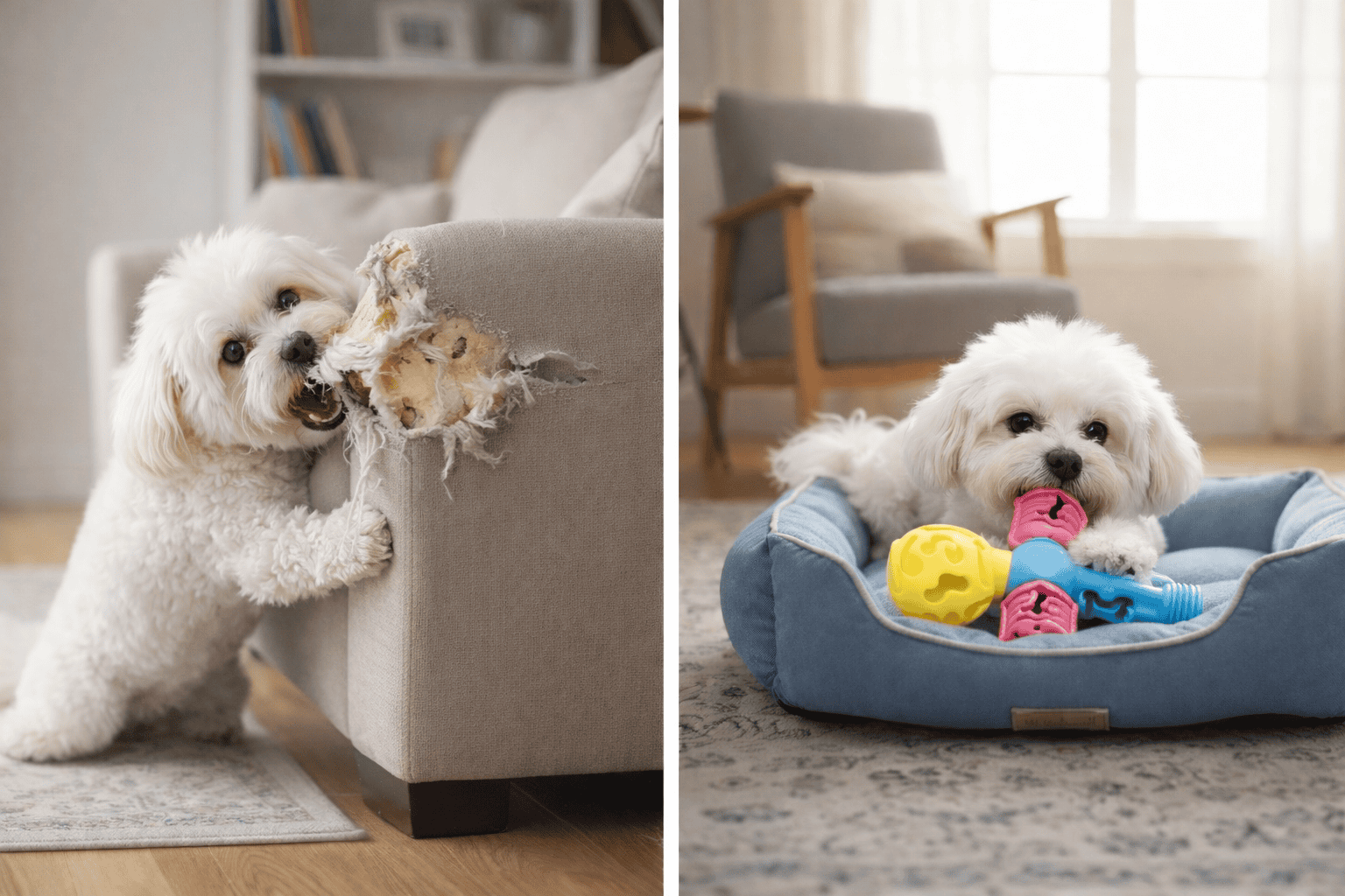 耐咬藏食玩具 |酷啃 6 Dog behavior change before after enrichment — 酷啃使用前後示意,從破壞行為轉為專注探索