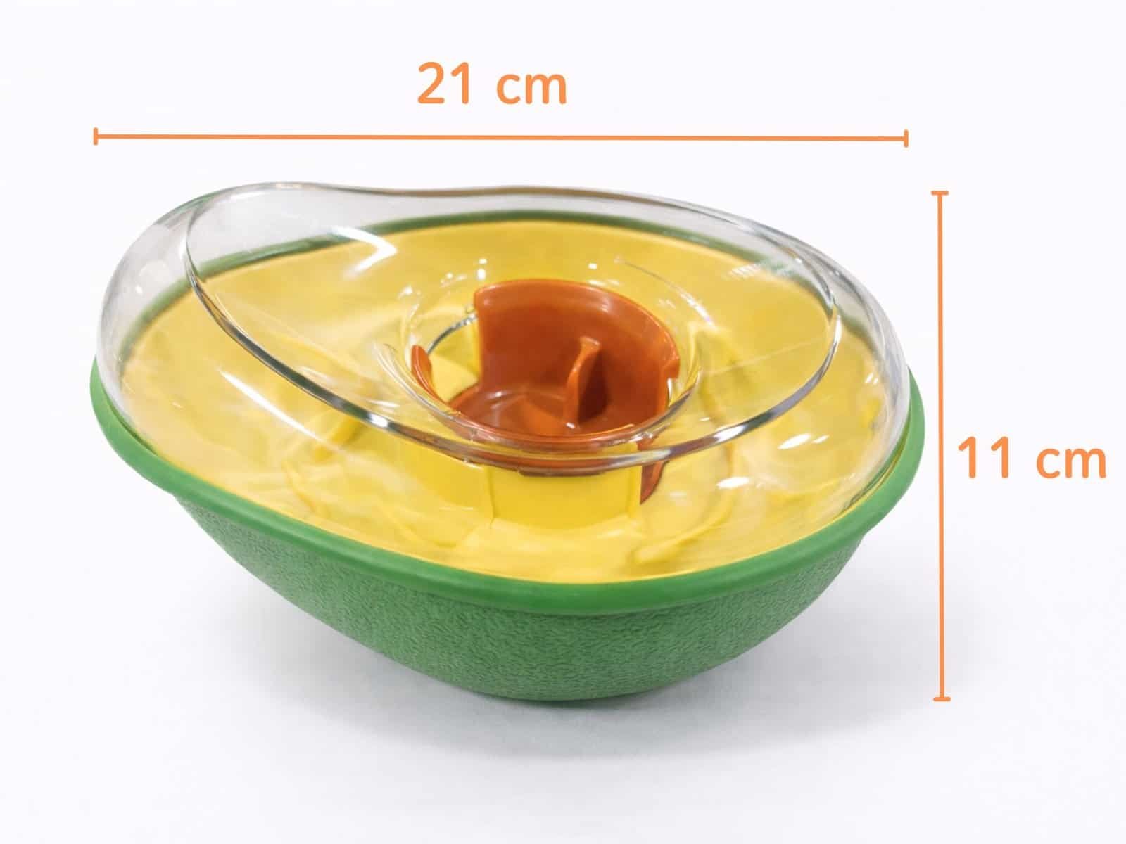 耐咬慢食|酪梨不倒翁 7 酪梨不倒翁慢食玩具尺寸示意圖,顯示寬度與高度資訊。