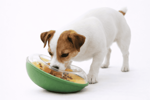 狗狗嗅聞推動酪梨不倒翁示範 狗狗示範嗅聞與推動酪梨不倒翁取得食物。