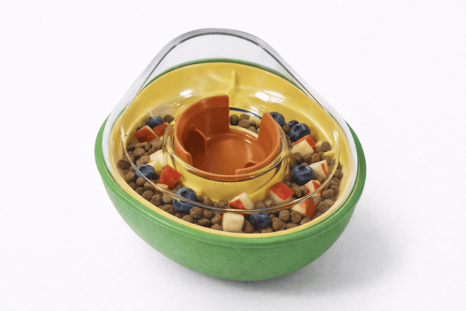 耐咬慢食|酪梨不倒翁 2 酪梨不倒翁慢食玩具主視覺,展示透明上蓋與不倒翁穩定結構。