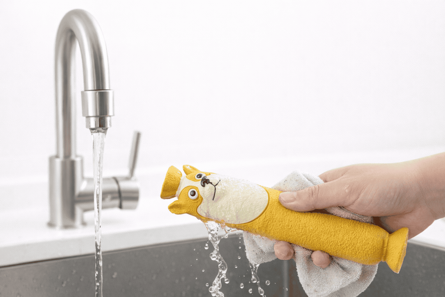 發聲玩具|啃長啦 6 毛毛嘴 BiteMao 狗狗玩具清洗示範,飼主於水槽下以清水沖洗乳膠玩具,呈現可水洗、好清潔的使用情境。