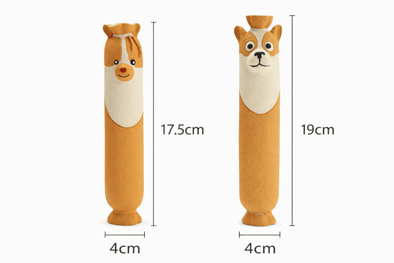 發聲玩具|啃長啦 7 毛毛嘴 BiteMao 啃長啦發聲玩具尺寸對照圖,迷幻犬造型長約17.5公分,柯基犬造型長約19公分,直徑約4公分。