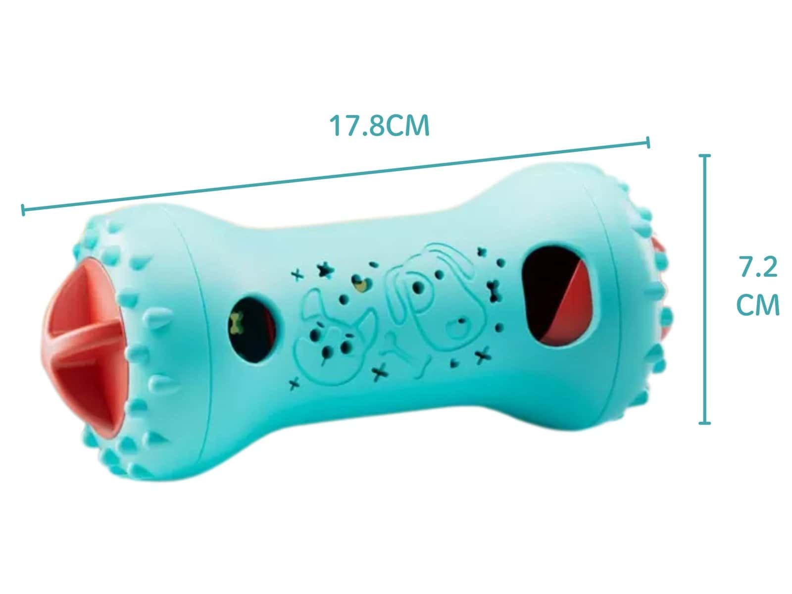 耐咬慢食玩具|滾滾啞鈴 5 滾滾啞鈴尺寸規格標示:長度 17.8CM,寬度 7.2CM。這是一款適合台灣中小型犬使用的耐咬益智漏食玩具。