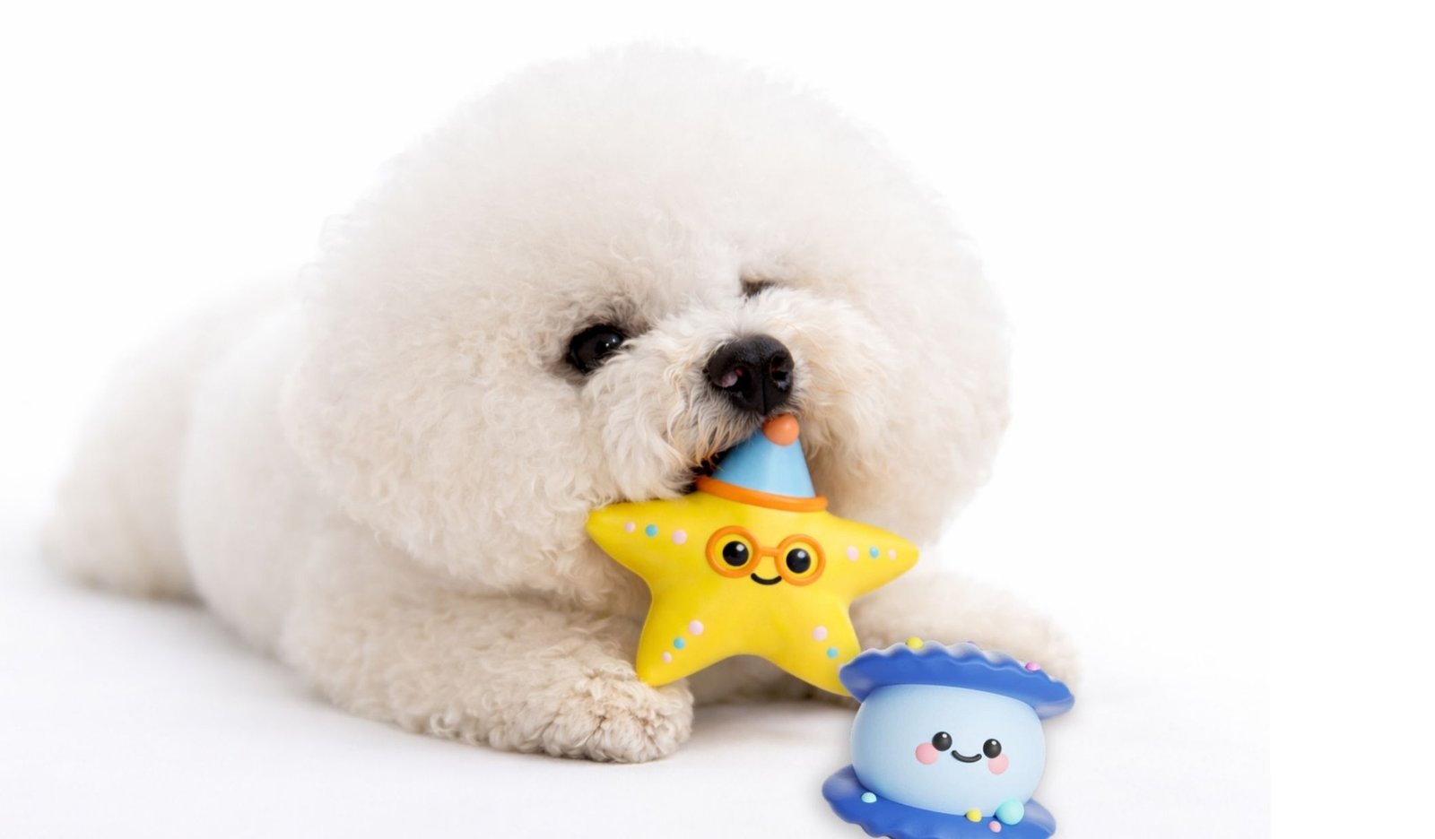 發聲藏食|深海龜寶 3 比熊犬正在咬乳膠啾啾海星玩具,旁邊附有乳膠貝殼配件。