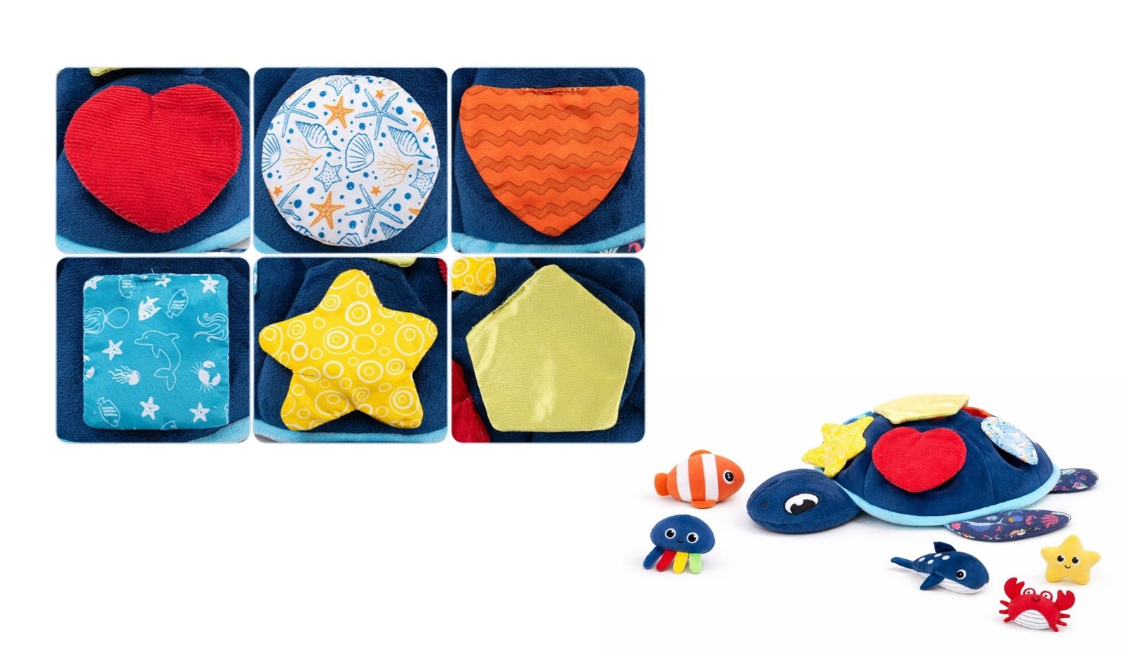 發聲藏食|深海龜寶 4 深海龜寶藏食玩具各開口覆蓋不同材質布料,內含響紙設計。