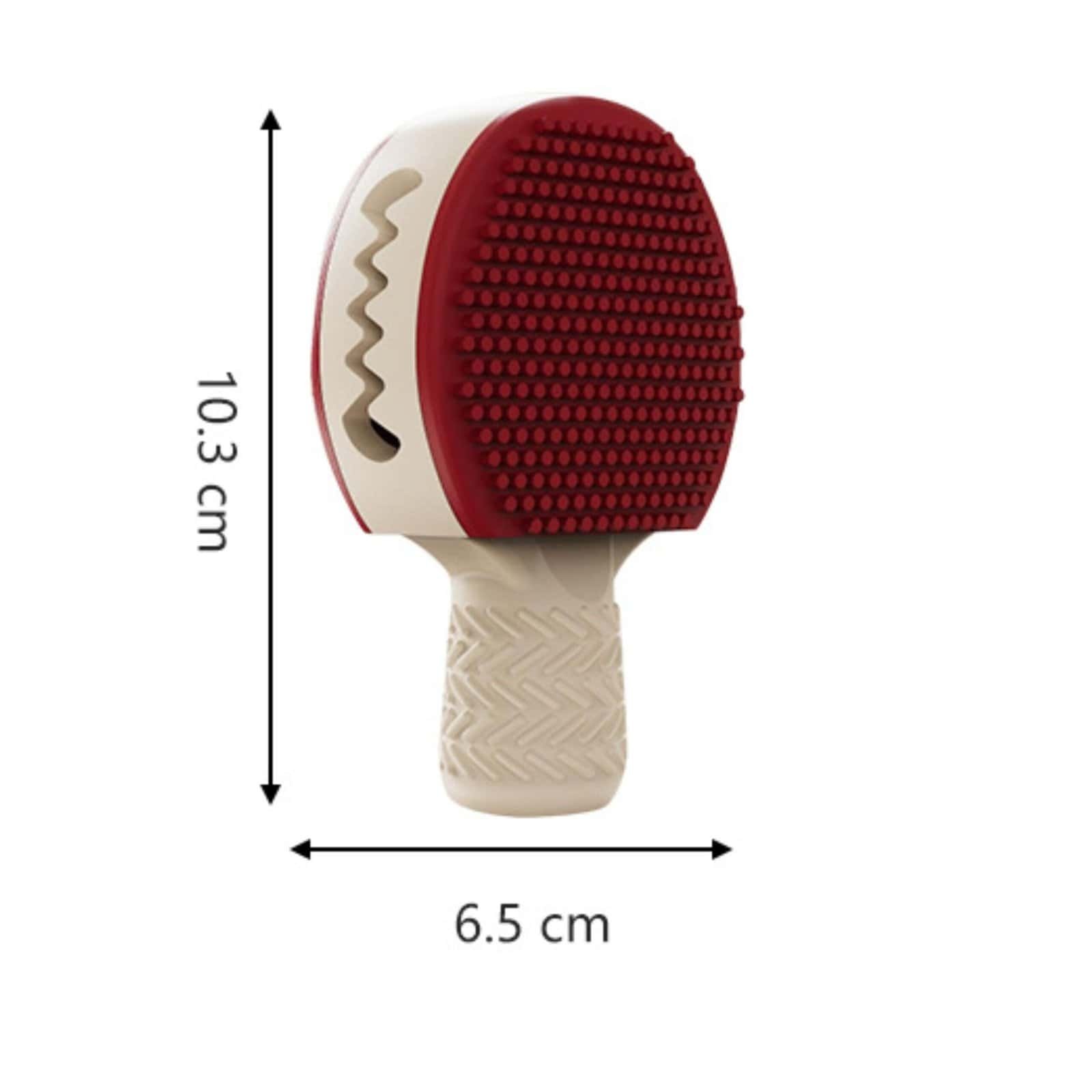 寵物藏食|桌球拍 7 桌球拍藏食玩具尺寸示意圖,顯示整體高度與寬度比例,適合小型犬使用。