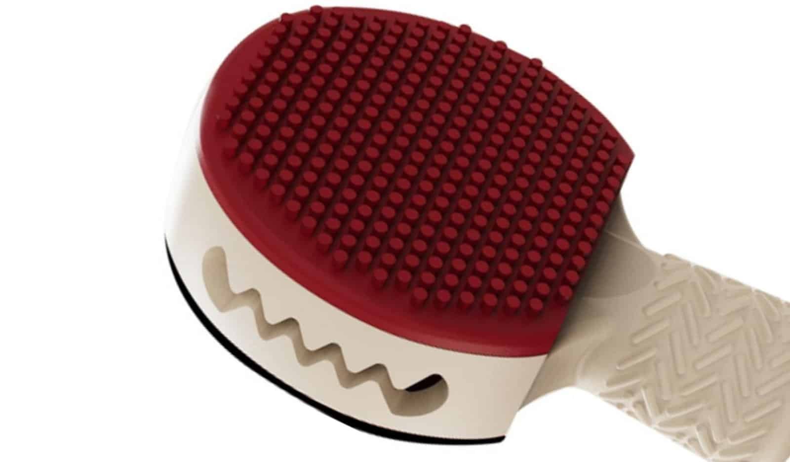 寵物藏食|桌球拍 3 桌球拍藏食玩具鋸齒狀夾食孔與凸點潔牙設計特寫。