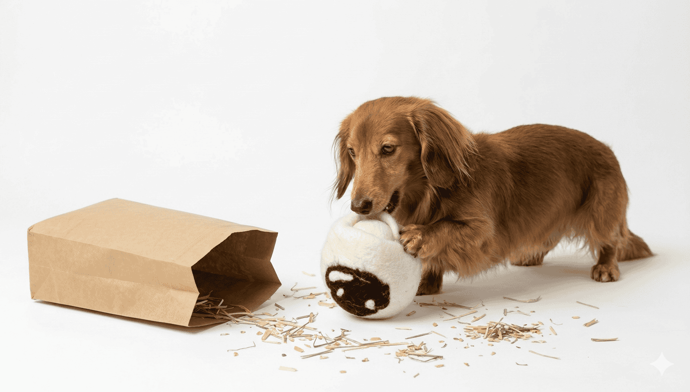 天然材質寵物玩具|綿羊貝殼 2 毛毛嘴 BiteMao 綿羊貝殼藏食玩具使用情境圖,臘腸犬正在探索與啃咬綿羊造型玩具,旁邊有可水洗紙袋與散落的嗅聞素材。