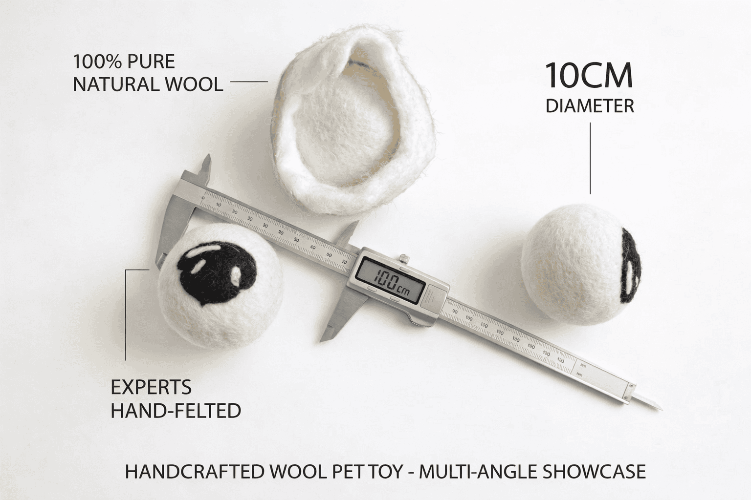 天然材質寵物玩具|綿羊貝殼 5 毛毛嘴 BiteMao 綿羊貝殼羊毛藏食玩具尺寸與材質示意圖,直徑約10公分,採用天然羊毛手工氈製。