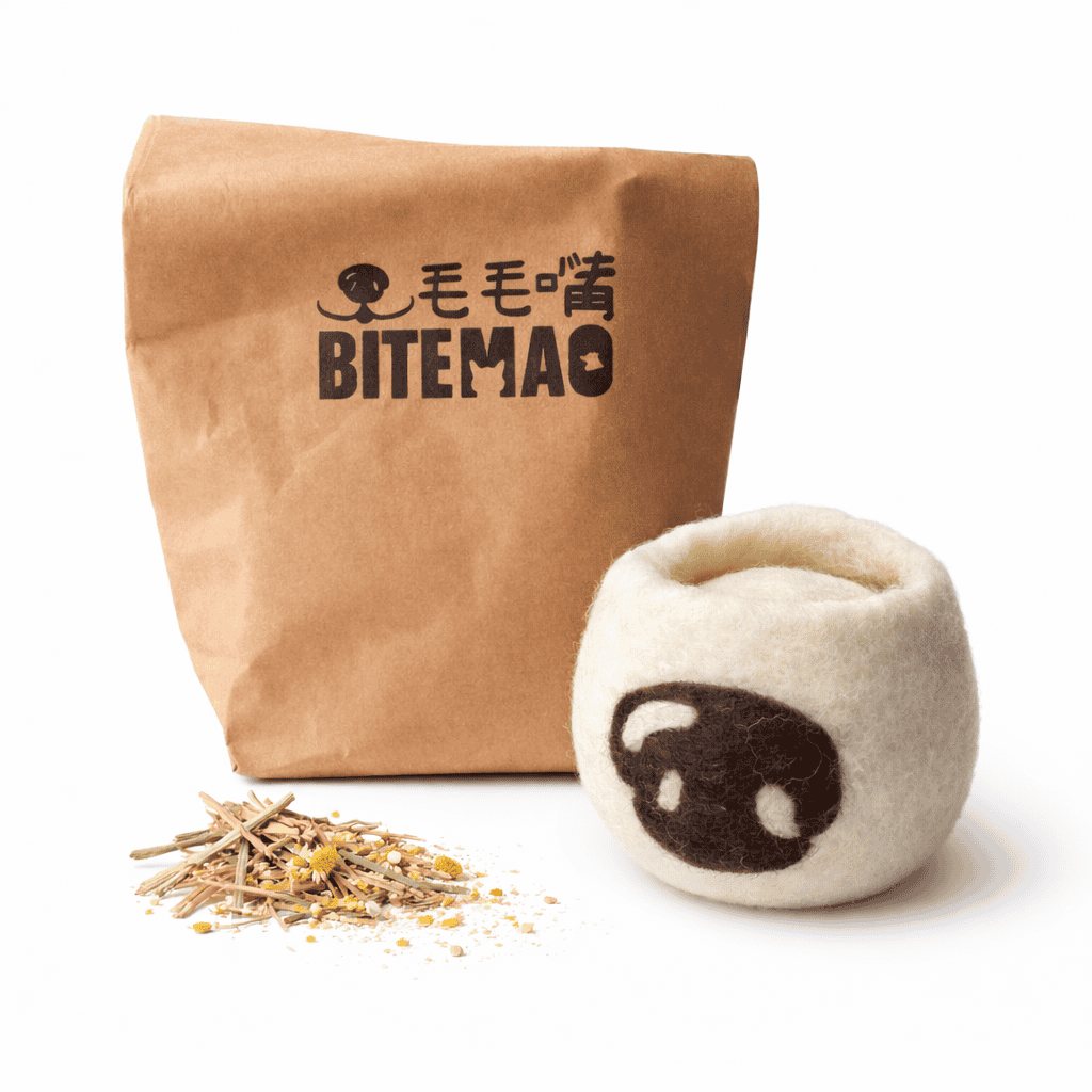 綿羊貝殼藏食玩具|天然羊毛與尺寸說明 毛毛嘴 BiteMao 綿羊貝殼羊毛藏食玩具尺寸與材質示意圖,直徑約10公分,採用天然羊毛手工氈製。